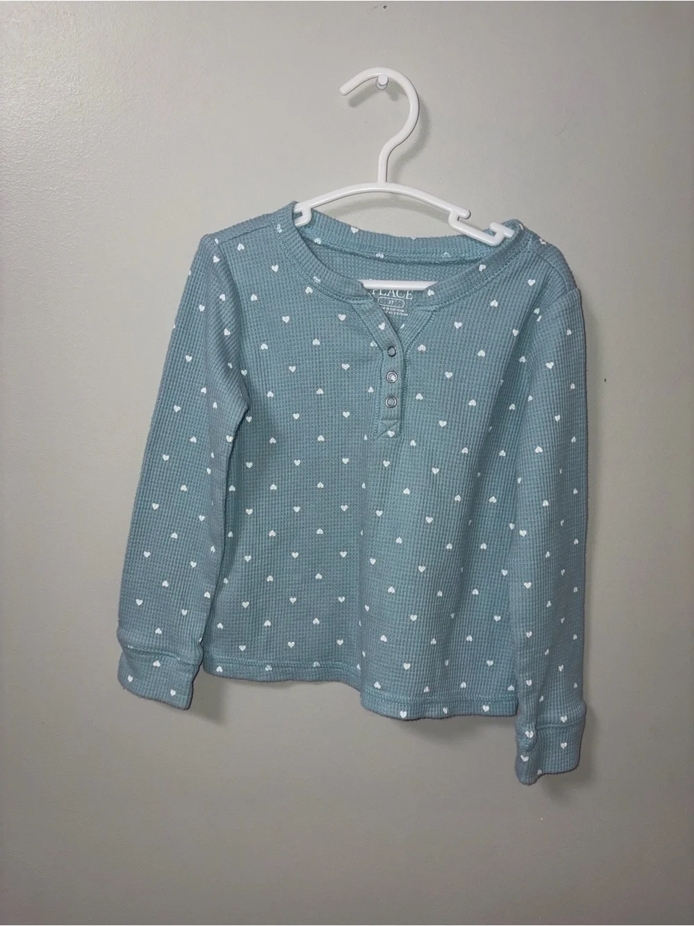 The Children’s Place Light Blue Waffle Knit Long Sleeve Top White Hearts 3T